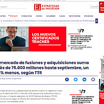 El mercado de fusiones y adquisiciones suma ms de 75.000 millones hasta septiembre, un 38% menos, segn TTR